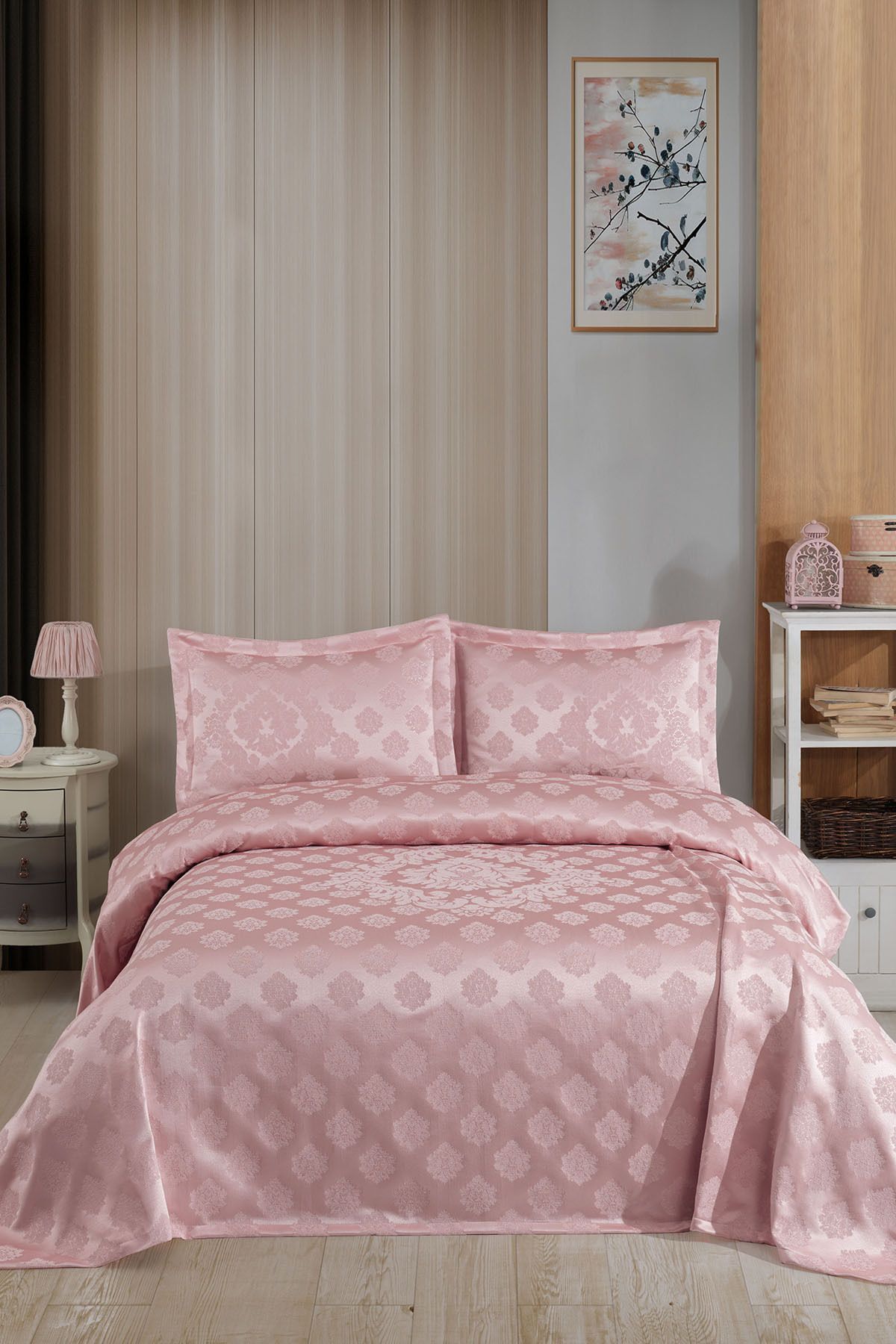 Damasko Pano Şönil Çift Kişilik Yatak Örtüsü (pudra)