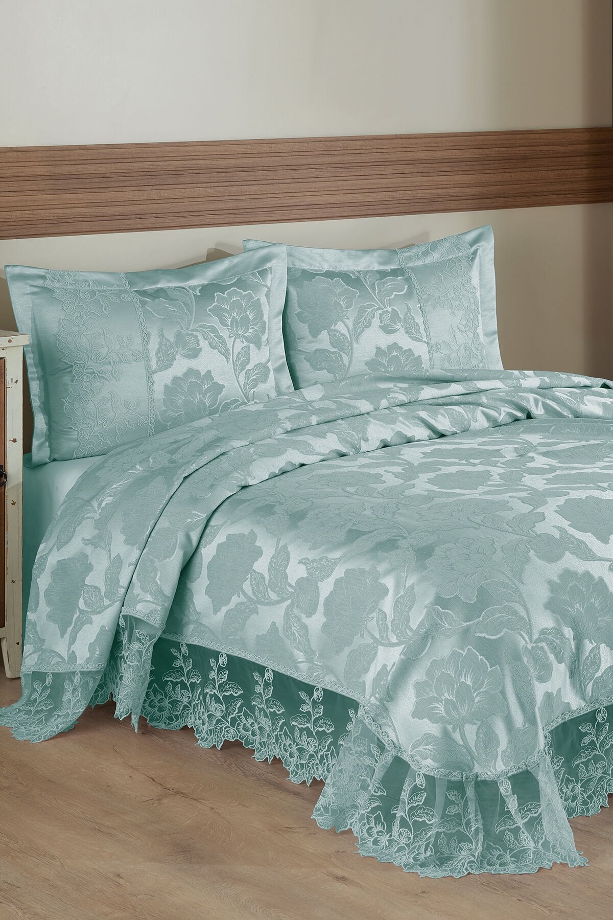 Monalife Dantelli Çift Kişilik Yatak Örtüsü  240x260cm Mint Yeşili