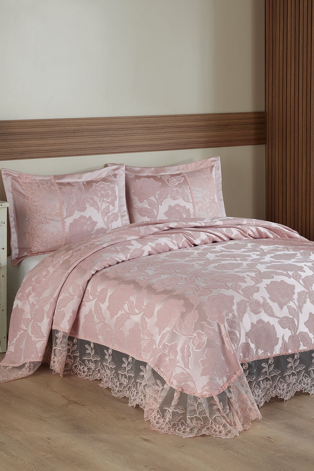 Monalife Dantelli Çift Kişilik Yatak Örtüsü  240x260cm Pudra