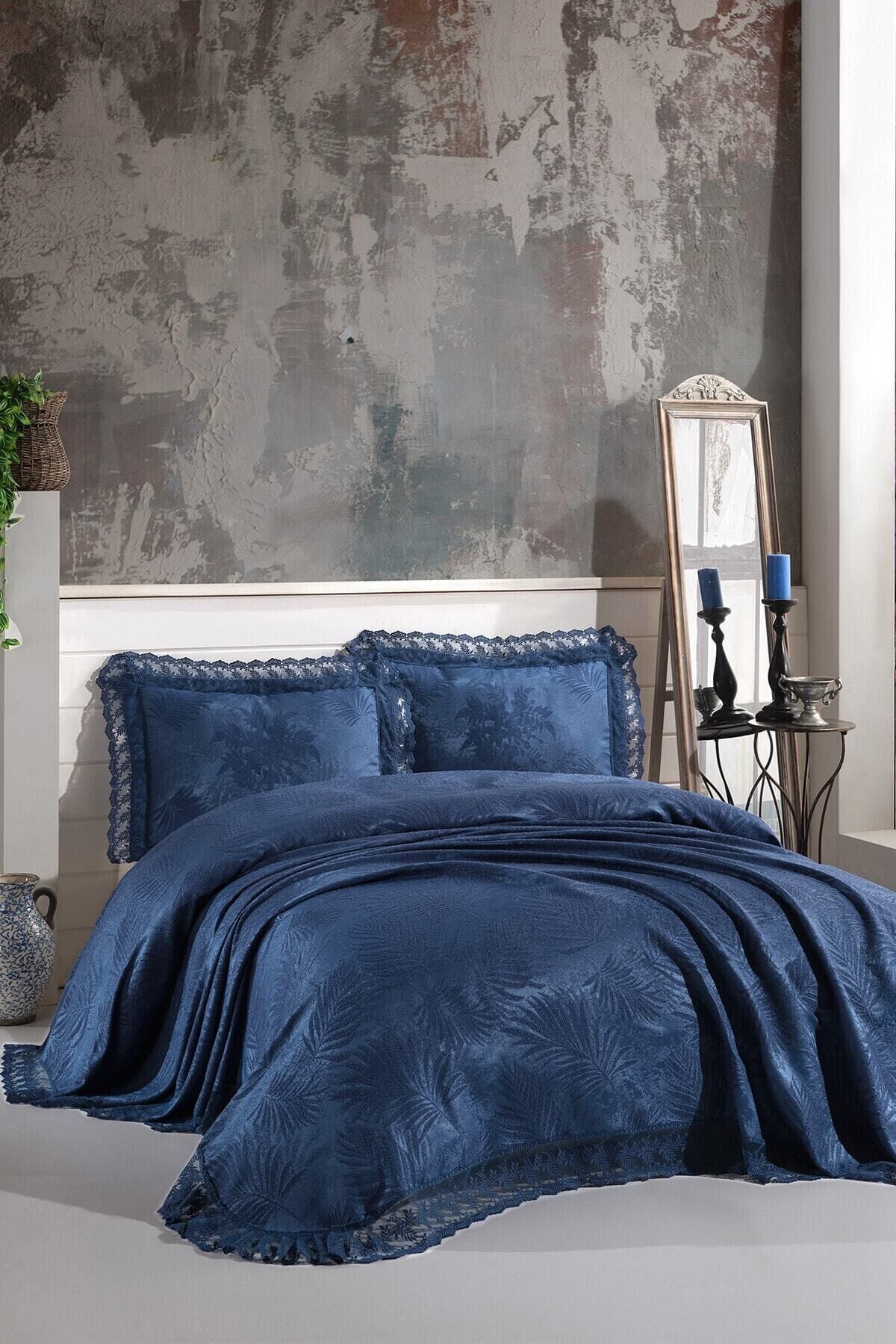 Pera Dantelli Çift Kişilik Yatak Örtüsü 3 Parça 240x260cm İndi̇go