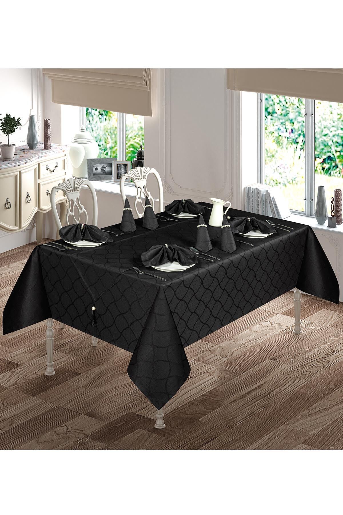 Tina Lüx Jakar Desenli Masa Örtüsü Takımı 160x220cm 12 Kişilik Siyah