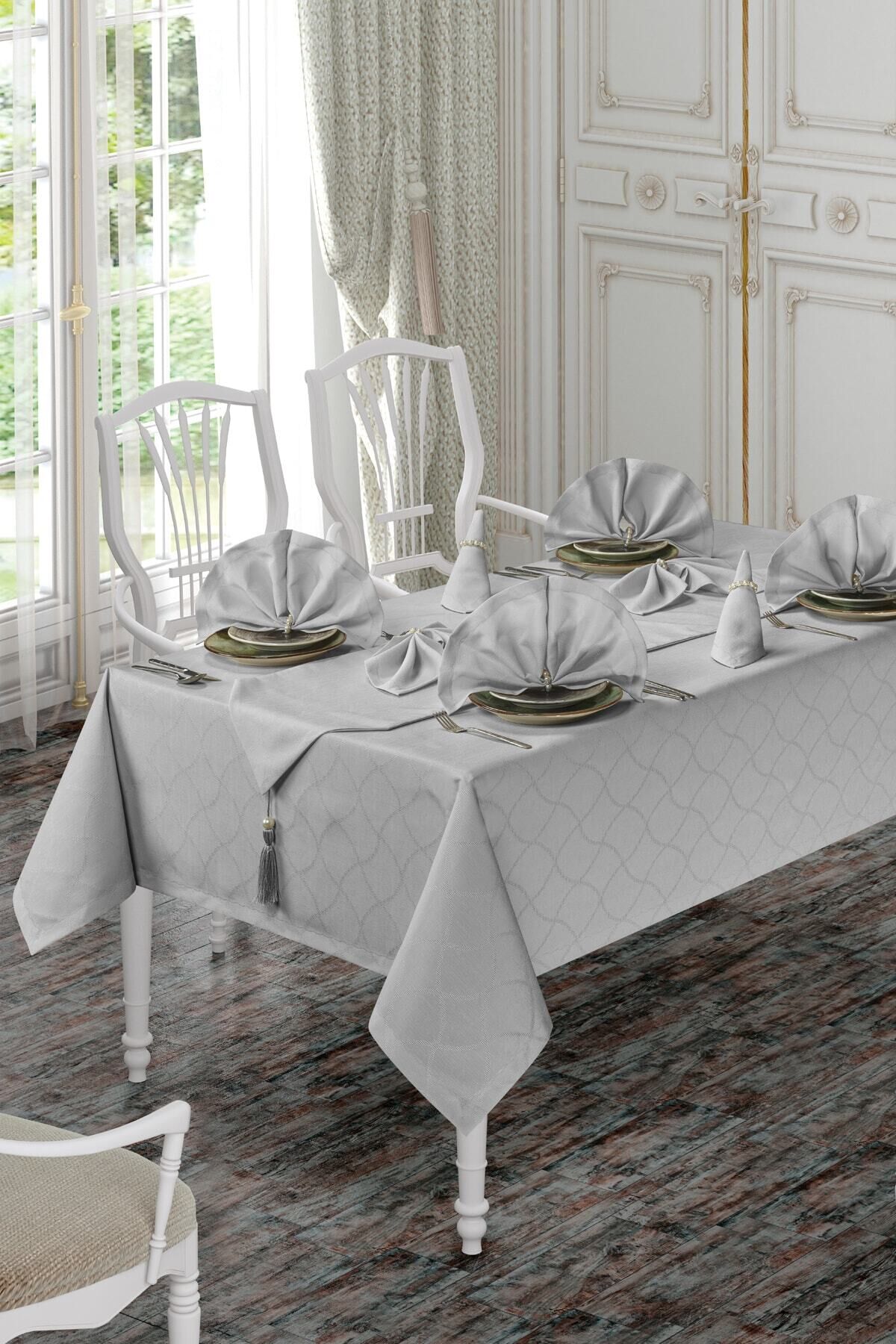 Tina Lüx Jakar Desenli Masa Örtüsü Takımı 160x220cm 12 Kişilik Gri̇