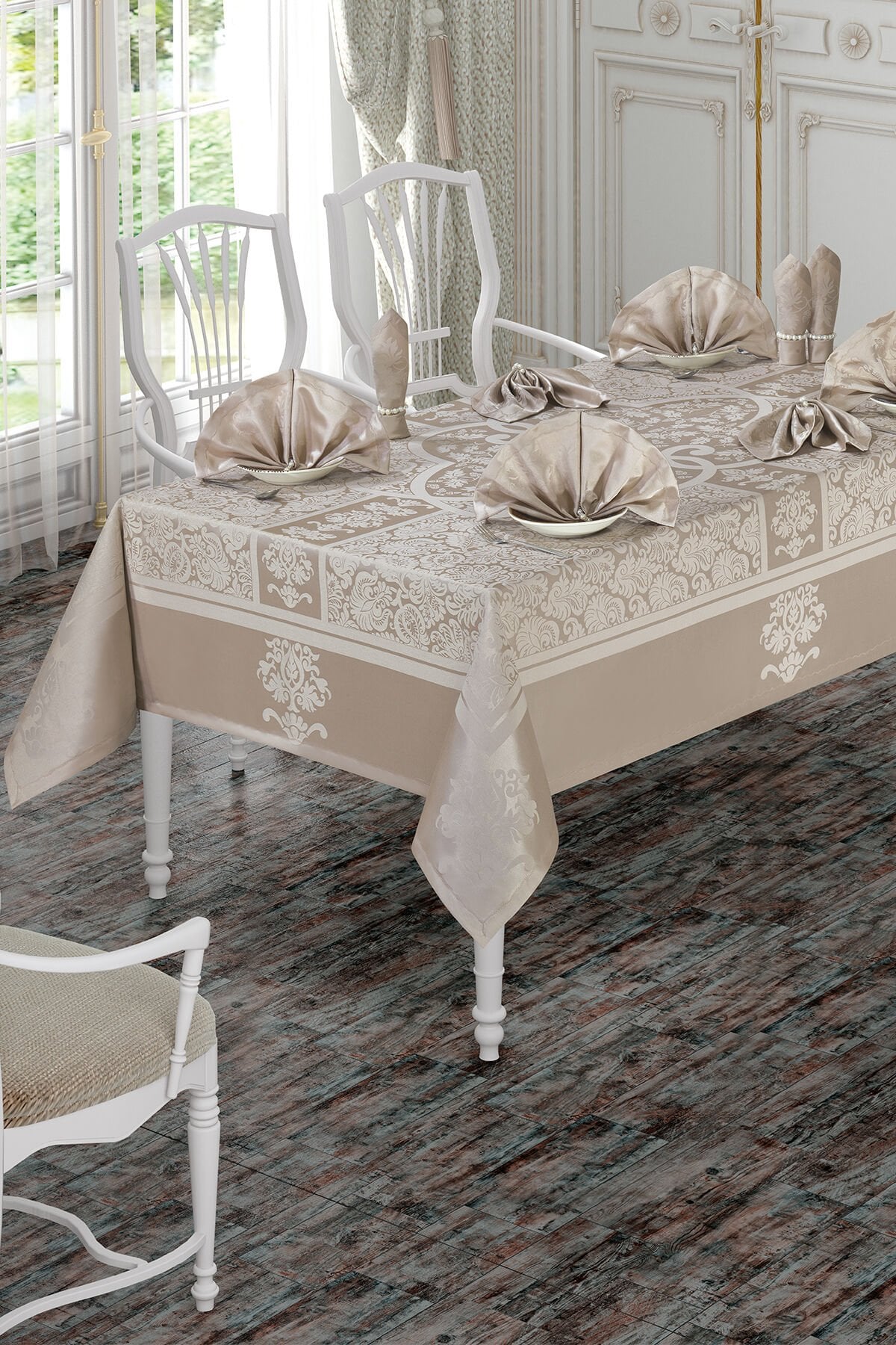 Vip Cotton Masa Örtüsü Seti 160x220 cm 12 Kişilik Kahverengi̇
