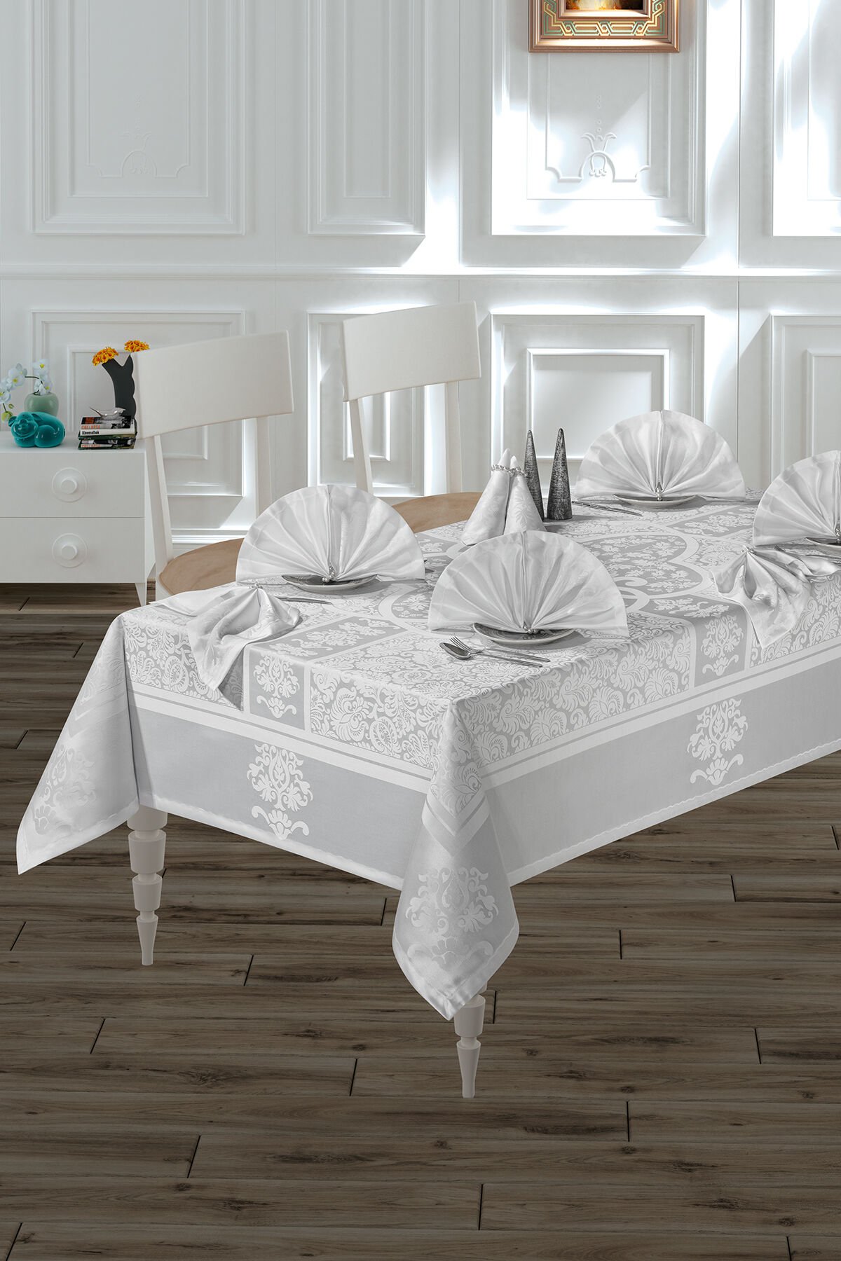 Vip Cotton Masa Örtüsü Seti 160x220 cm 12 Kişilik Beyaz