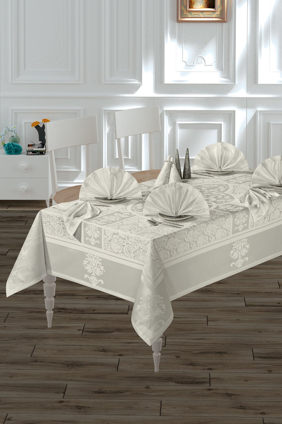 Vip Cotton Masa Örtüsü Seti 160x220 cm 12 Kişilik Krem
