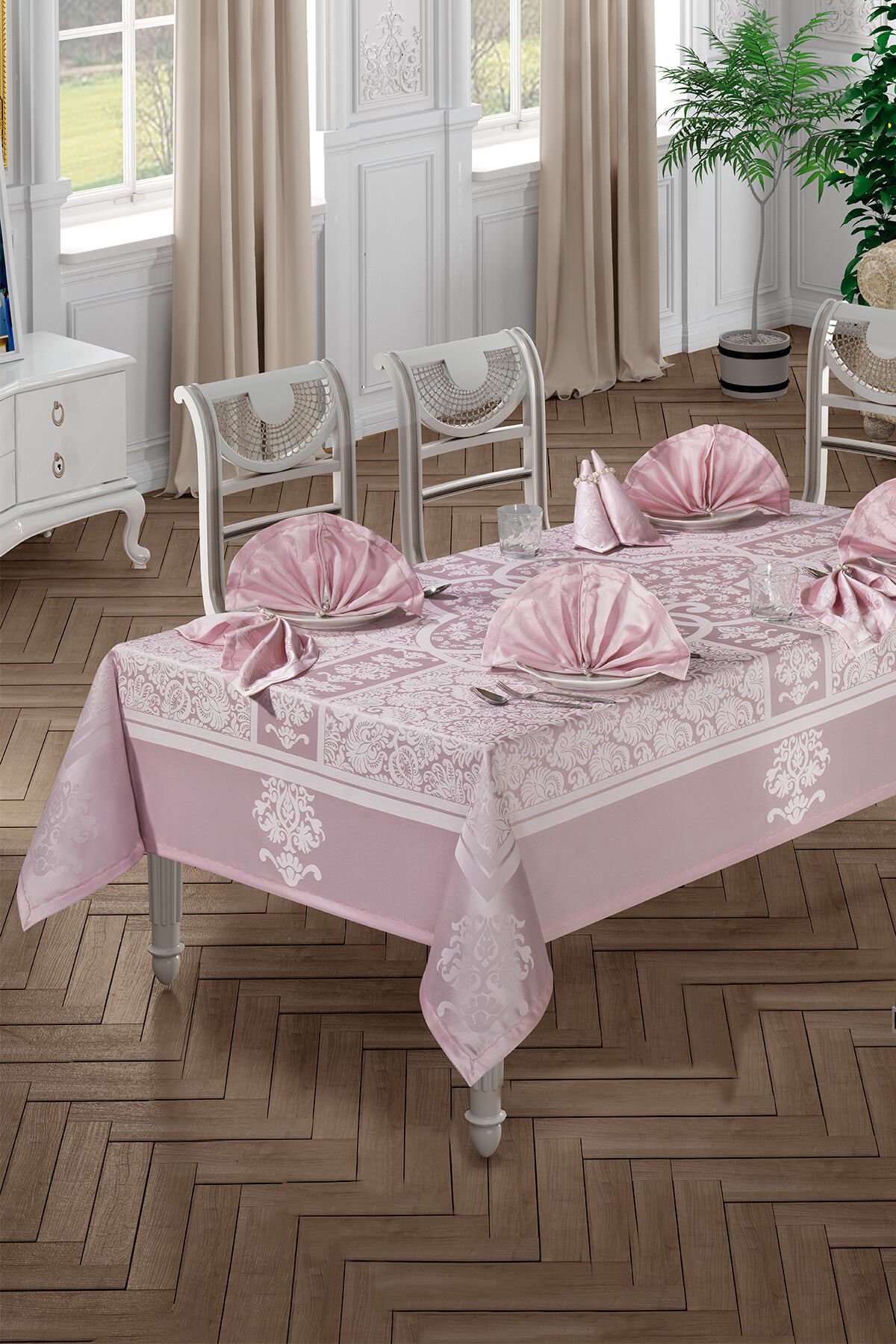 Vip Cotton Masa Örtüsü Seti 160x220 cm 12 Kişilik Pudra