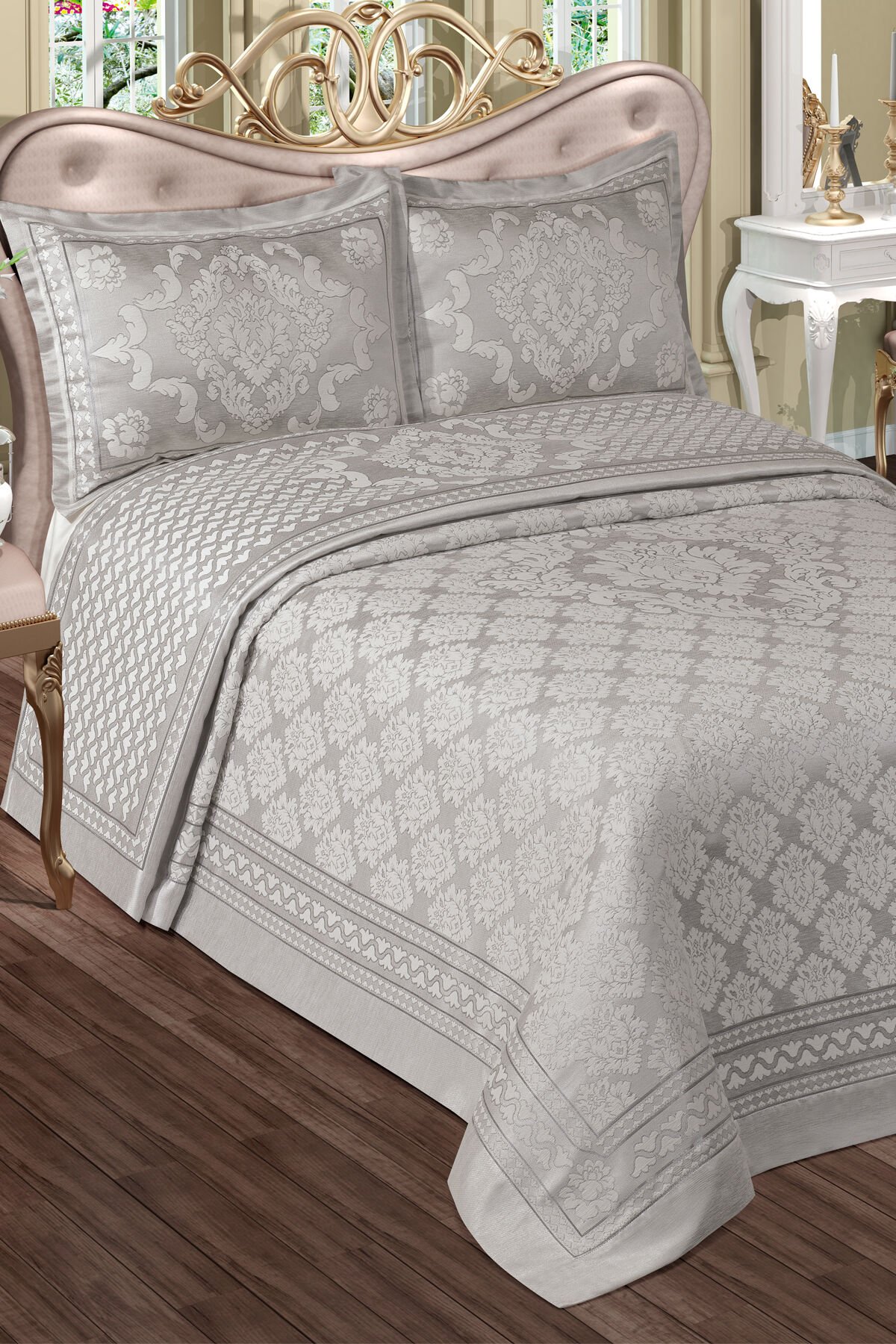 Damask Pano Şönil Çift Kişilik Yatak Örtüsü 240x260 Gri̇