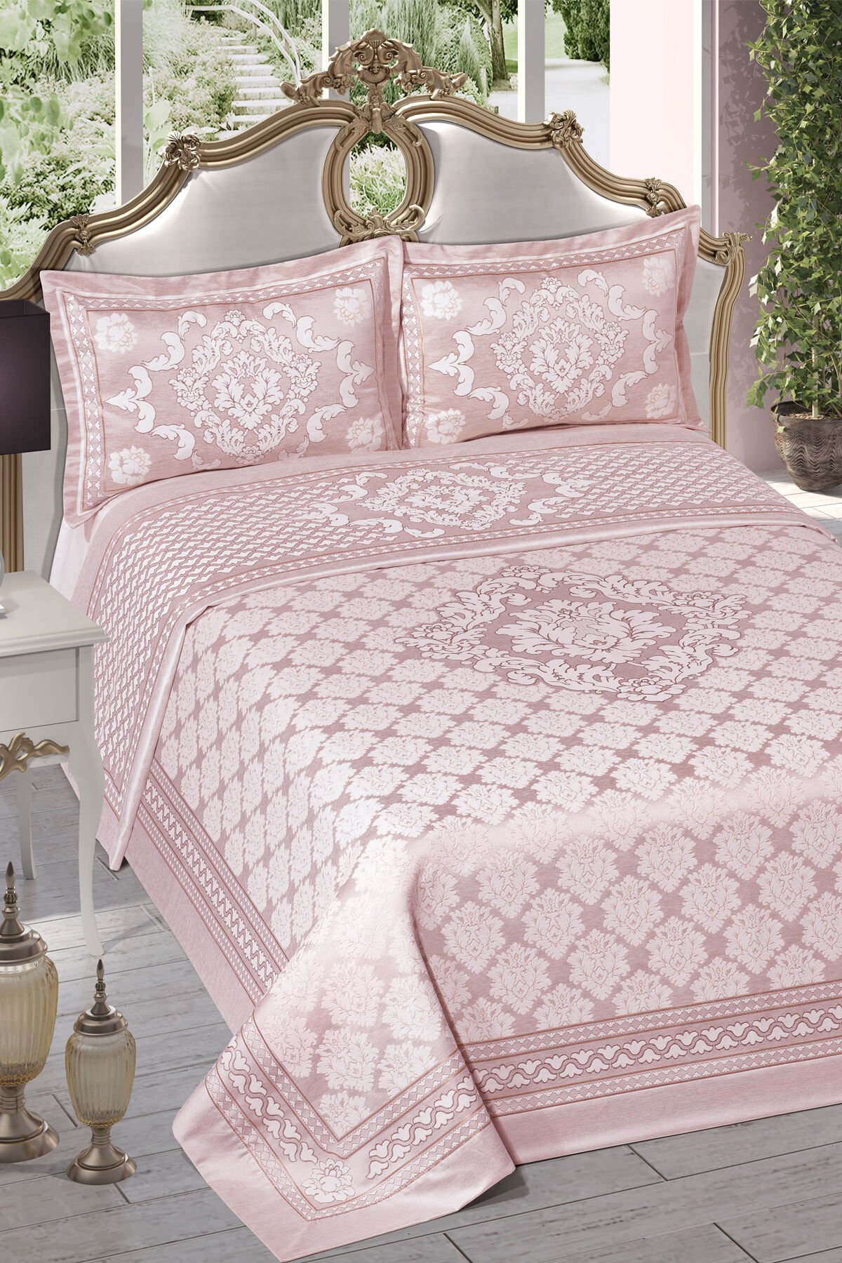 Damask Pano Şönil Çift Kişilik Yatak Örtüsü 240x260 Pudra