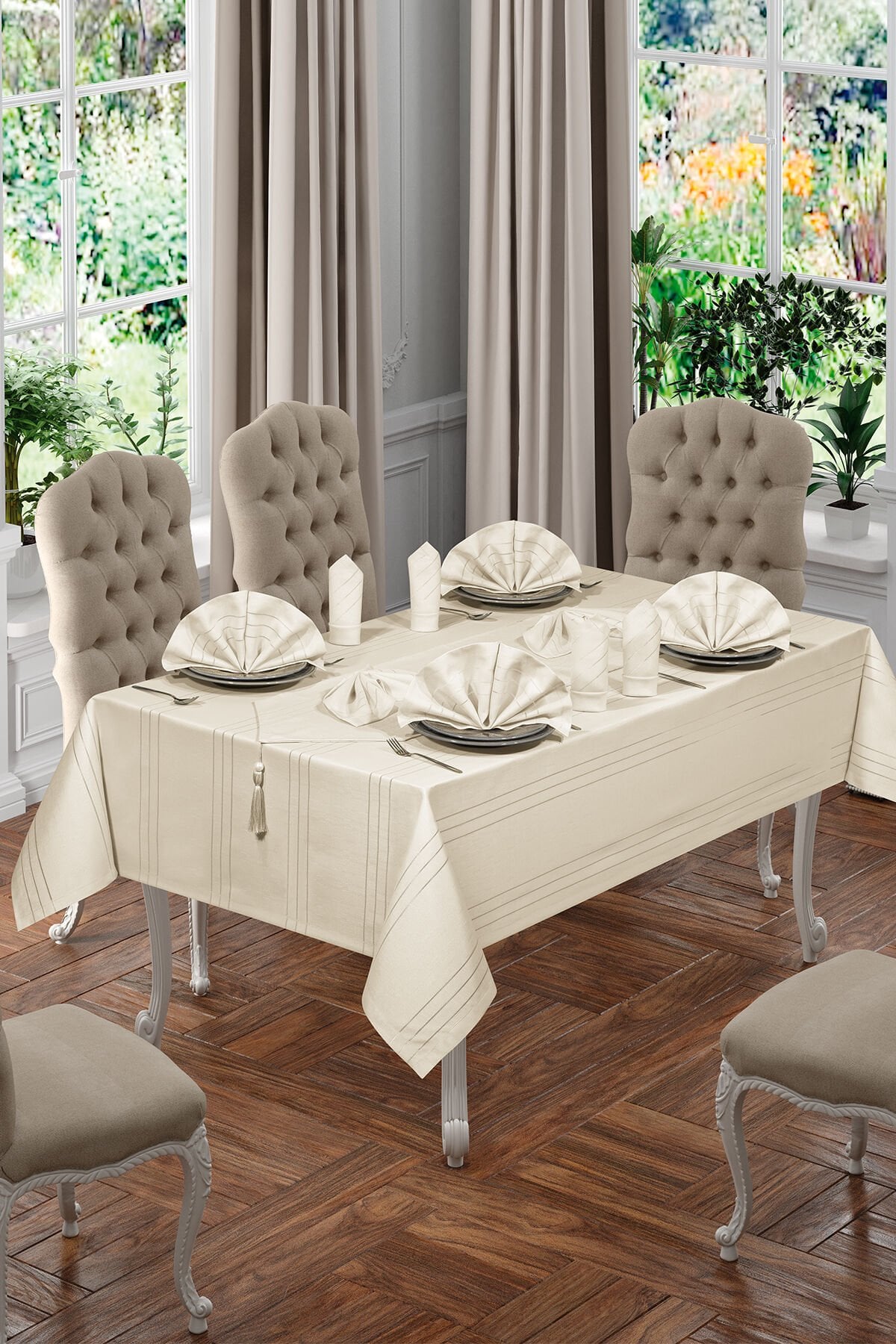 Lüx Colber Masa Örtüsü Seti 12 Kişilik Colber  160x220cm Krem