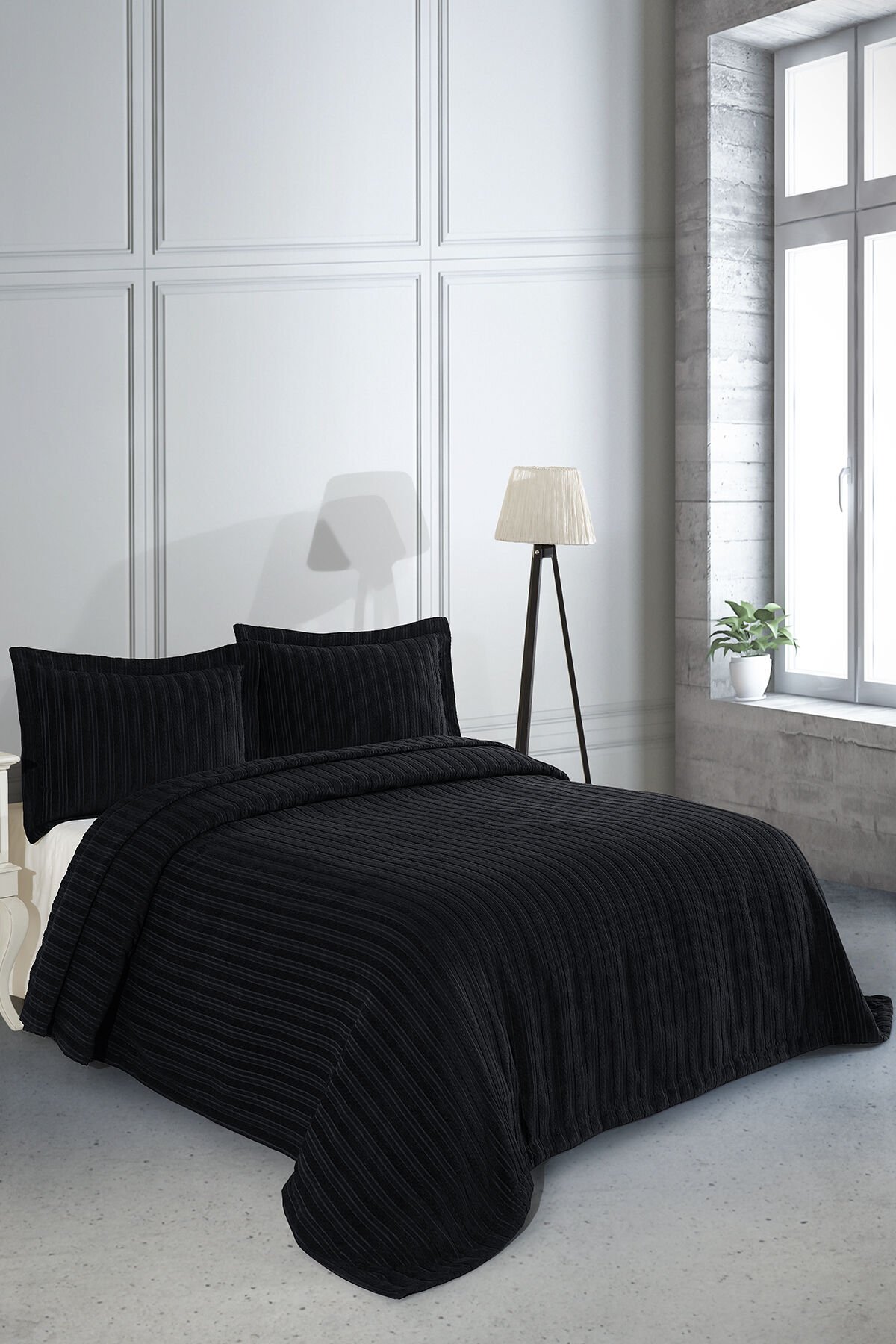 Terry Jakarlı Şönil Çift Kişilik Yatak Örtüsü 240x250cm (siyah)