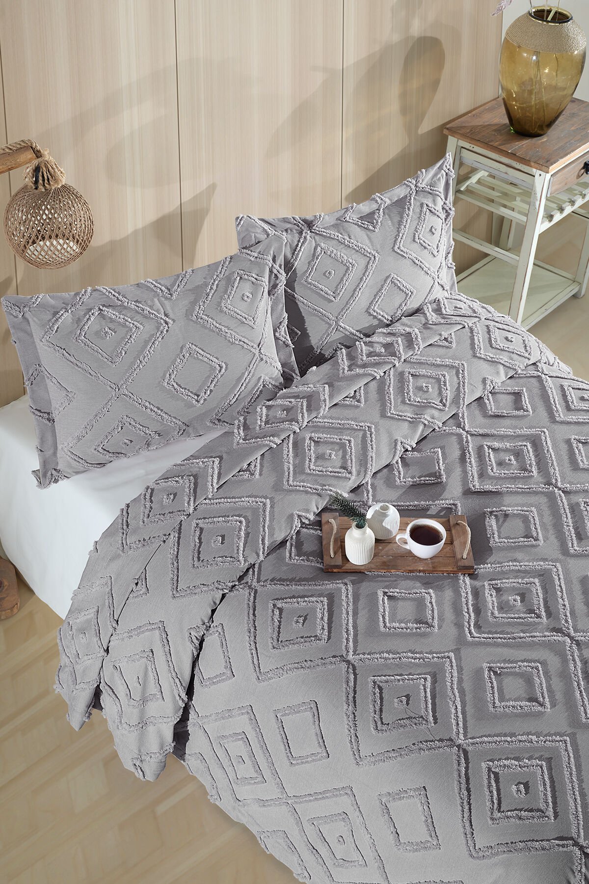 Melodi İskandinav Çift Kişilik Bohem Püsküllü Yatak Örtüsü Seti 240x250 cm Gri̇