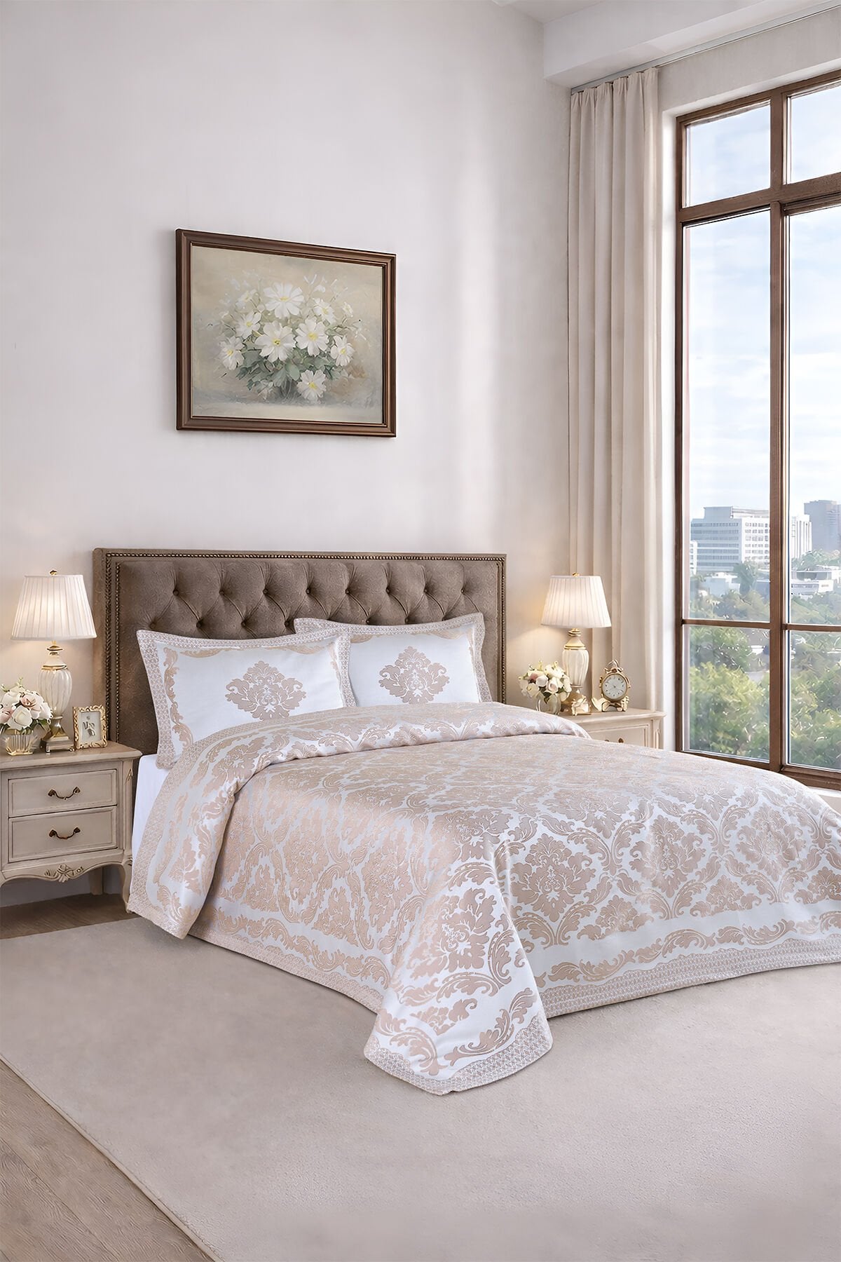 Vanetta Pano Jakarlı Çift Kişilik Modern Yatak Örtüsü Takımı 3 Parça 240x260cm Bej