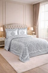 Vanetta Pano Jakarlı Çift Kişilik Modern Yatak Örtüsü Takımı 3 Parça 240x260cm Gri̇