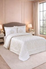 Vanetta Pano Jakarlı Çift Kişilik Modern Yatak Örtüsü Takımı 3 Parça 240x260cm Krem