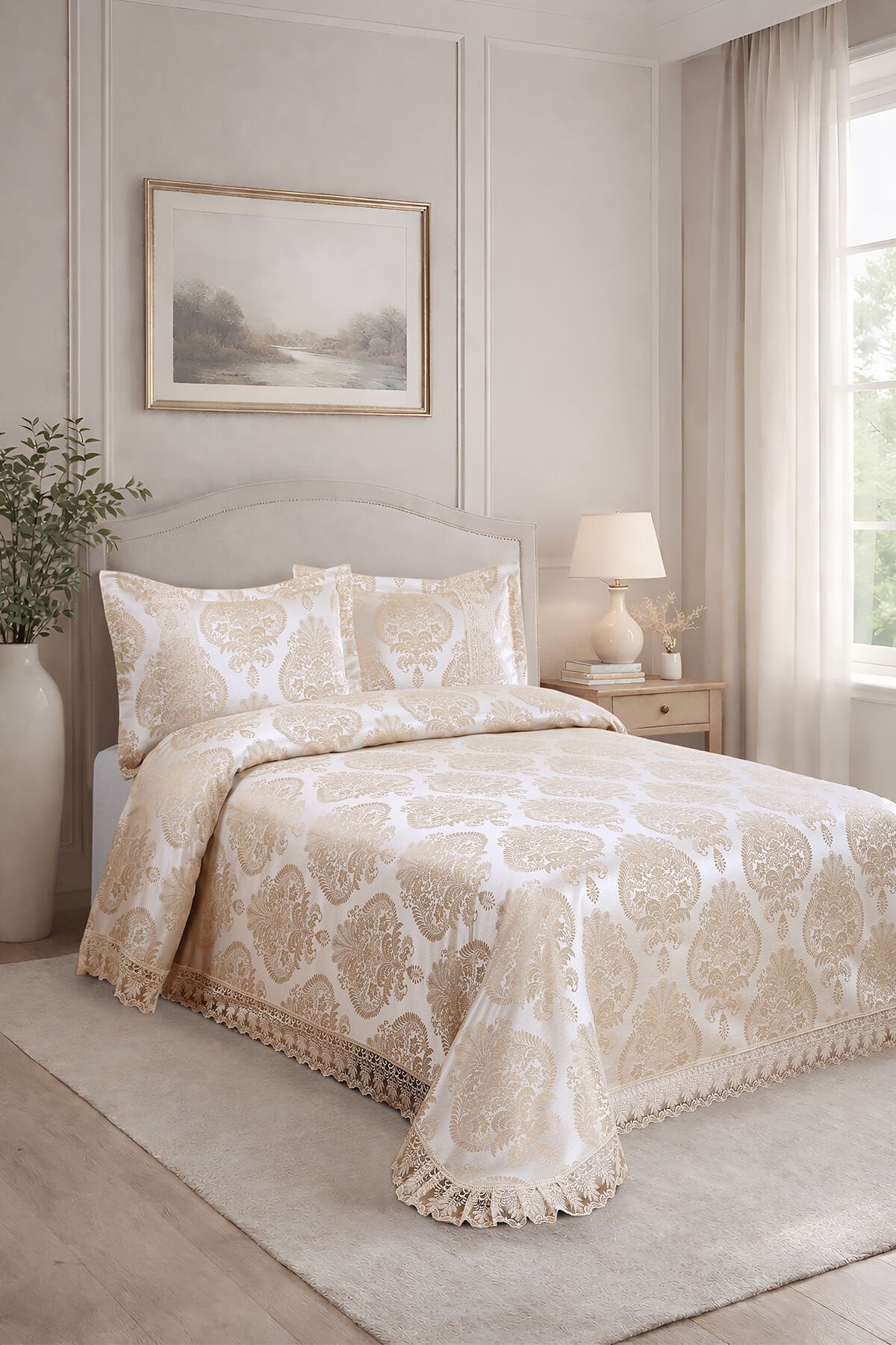 Floransa Jakarlı Fransız Dantelli Modern Çift Kişilik Yatak Örtüsü Takımı 240x250cm Bej