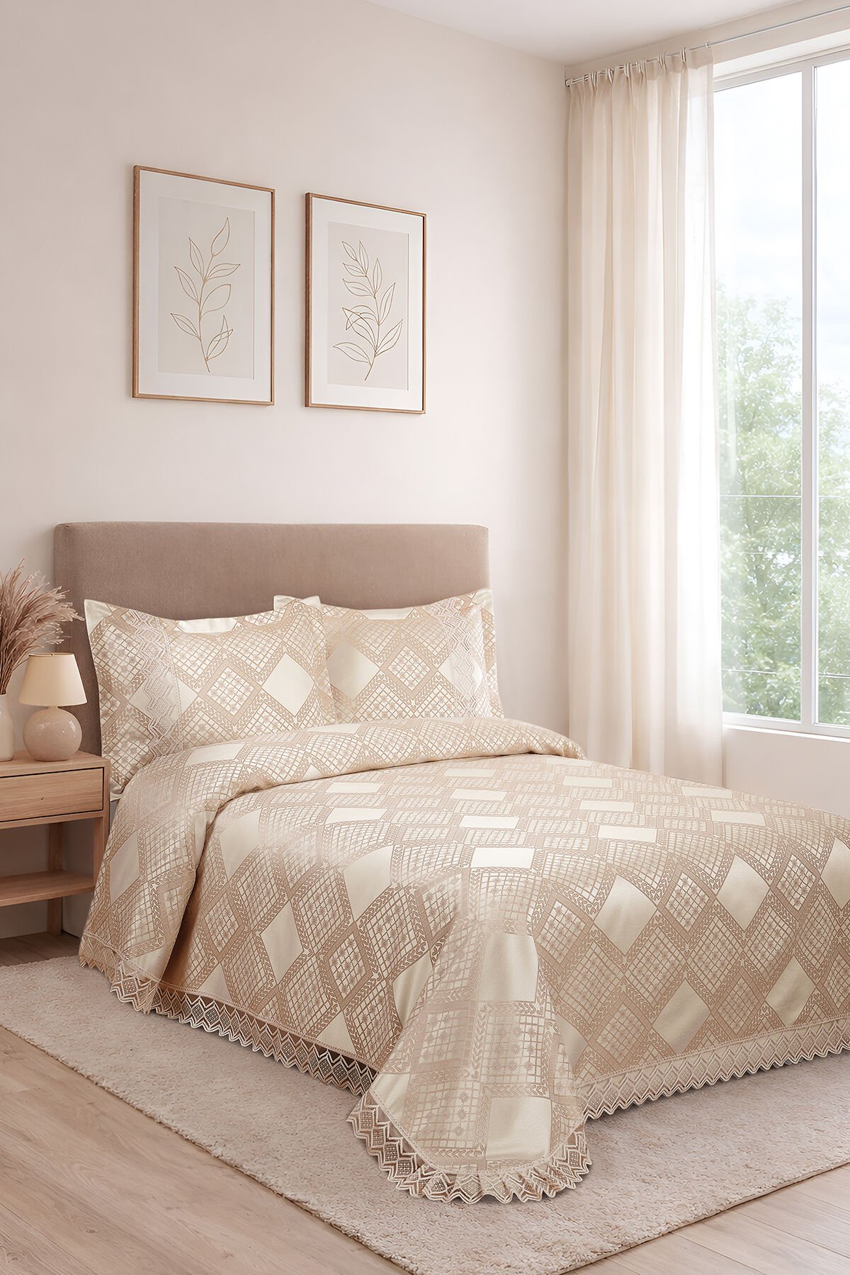 Likya Jakarlı Fransız Dantelli Modern Çift Kişilik Yatak Örtüsü Takımı 240x250cm Bej