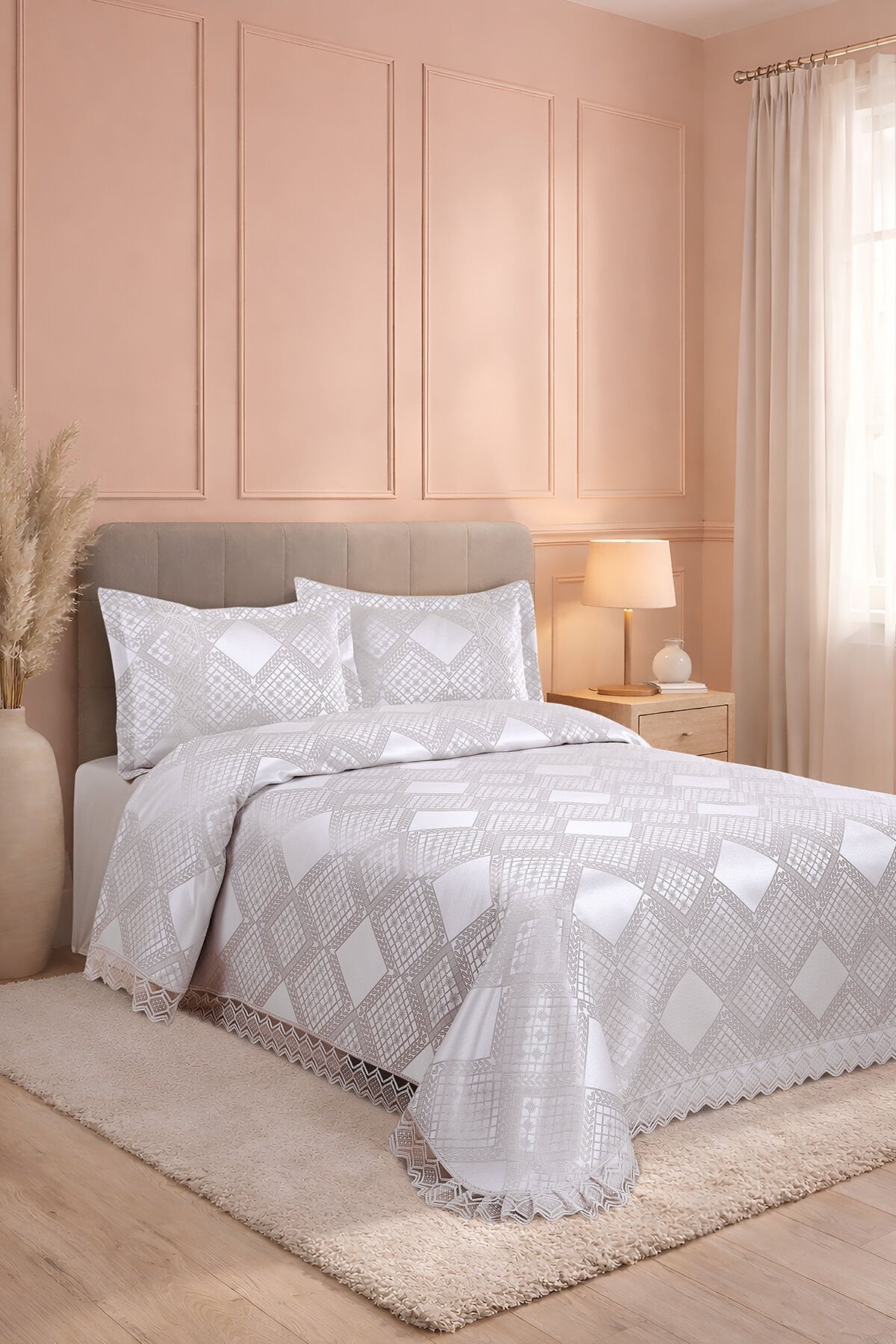 Likya Jakarlı Fransız Dantelli Modern Çift Kişilik Yatak Örtüsü Takımı 240x250cm Gri̇