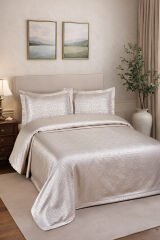 Hermira Jakarlı Çift Kişilik Modern Yatak Örtüsü Takımı 3 Parça 240x250cm Bej